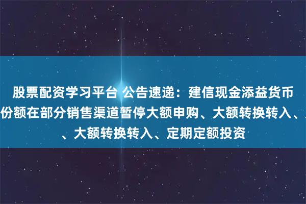 股票配资学习平台 公告速递：建信现金添益货币基金A/C基金份额在部分销售渠道暂停大额申购、大额转换转入、定期定额投资